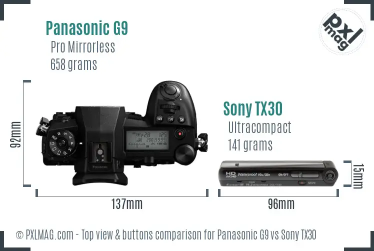 Panasonic G9 vs Sony TX30 top view buttons comparison