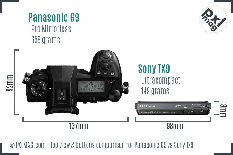 Panasonic G9 vs Sony TX9 top view buttons comparison