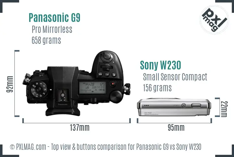 Panasonic G9 vs Sony W230 top view buttons comparison Panasonic G9 vs Sony W230 top view buttons comparison