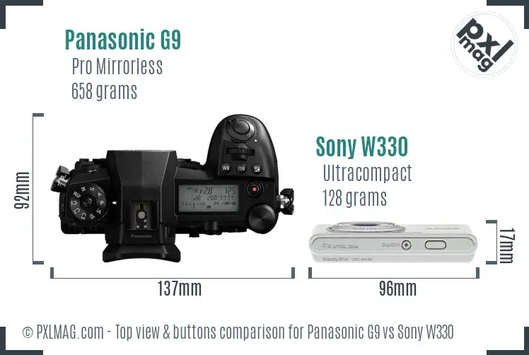 Panasonic G9 vs Sony W330 top view buttons comparison