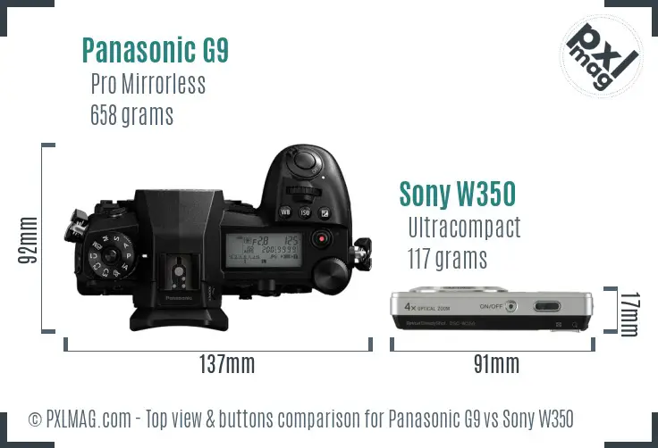 Panasonic G9 vs Sony W350 top view buttons comparison