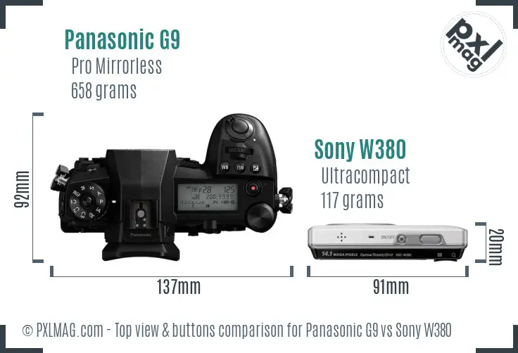 Panasonic G9 vs Sony W380 top view buttons comparison