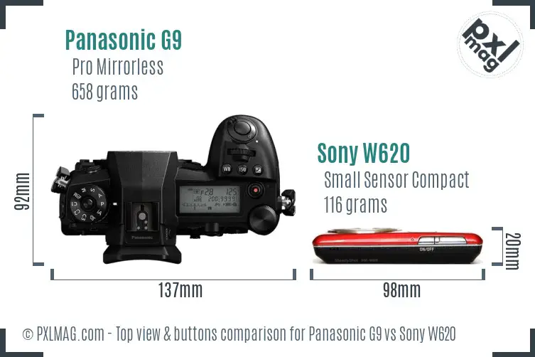 Panasonic G9 vs Sony W620 top view buttons comparison