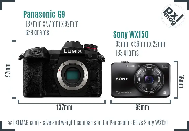 Panasonic G9 vs Sony WX150 size comparison