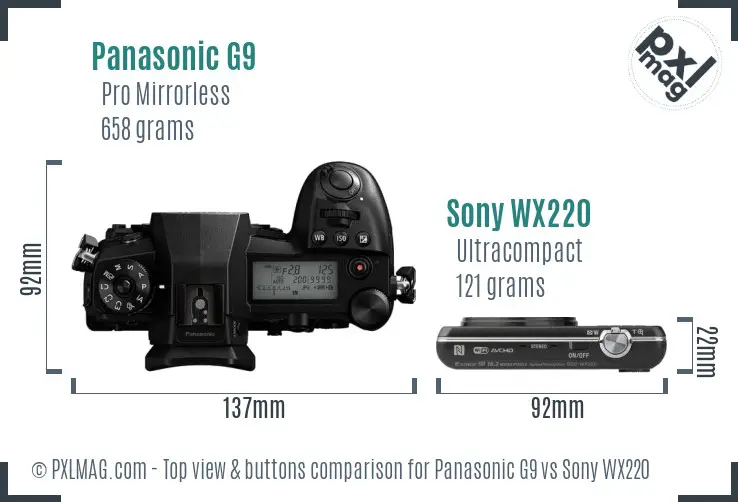 Panasonic G9 vs Sony WX220 top view buttons comparison