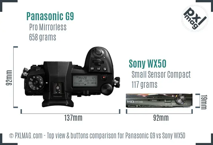 Panasonic G9 vs Sony WX50 top view buttons comparison