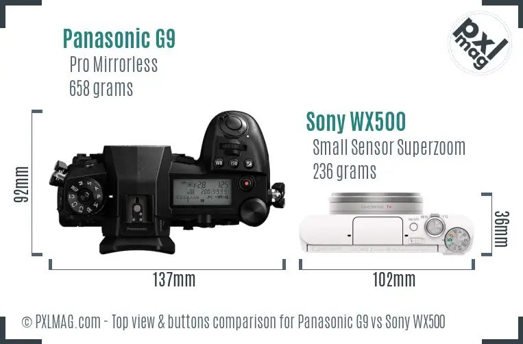 Panasonic G9 vs Sony WX500 top view buttons comparison