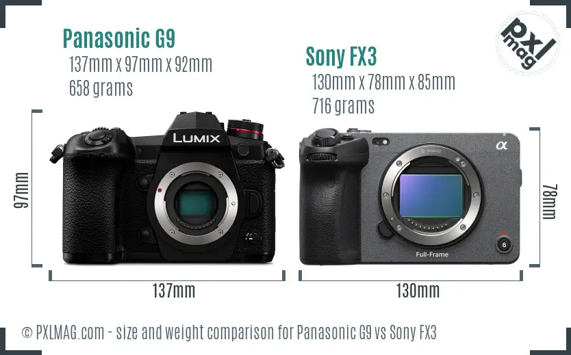 Panasonic G9 vs Sony FX3 size comparison