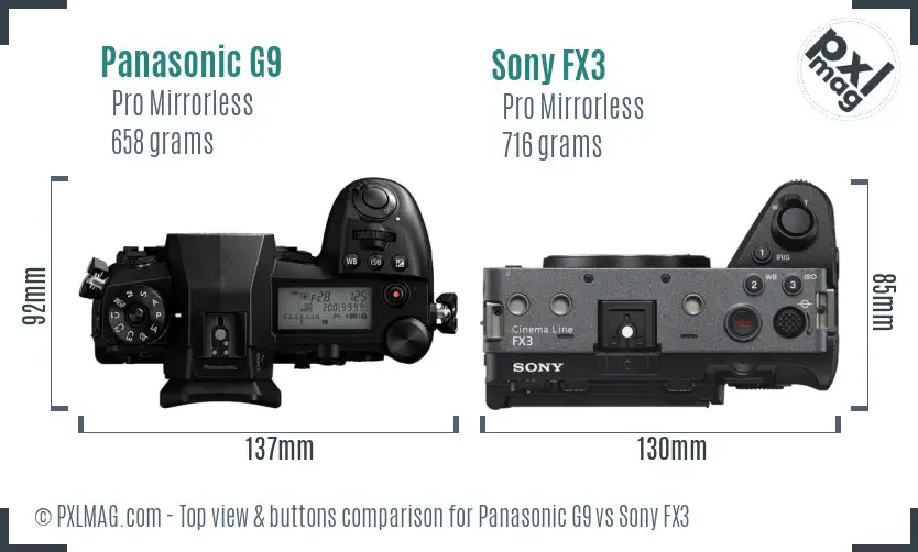 Panasonic G9 vs Sony FX3 top view buttons comparison