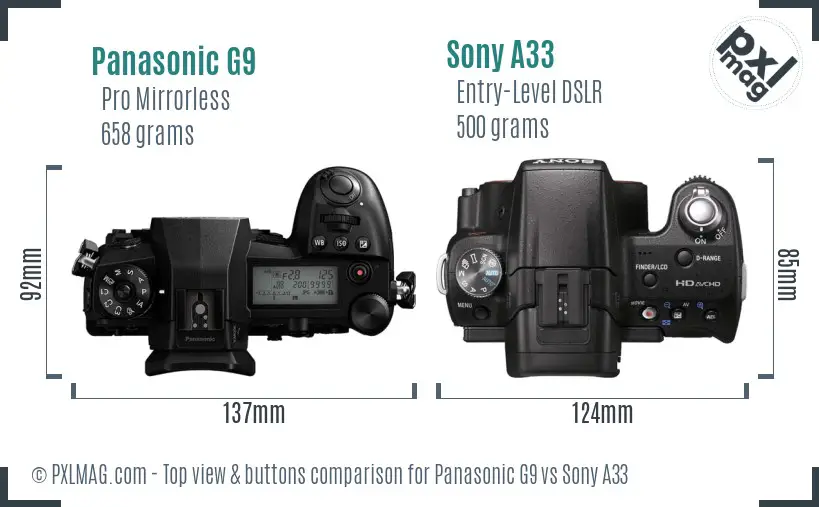 Panasonic G9 vs Sony A33 top view buttons comparison Panasonic G9 vs Sony A33 top view buttons comparison