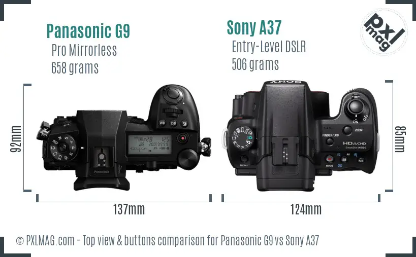 Panasonic G9 vs Sony A37 top view buttons comparison