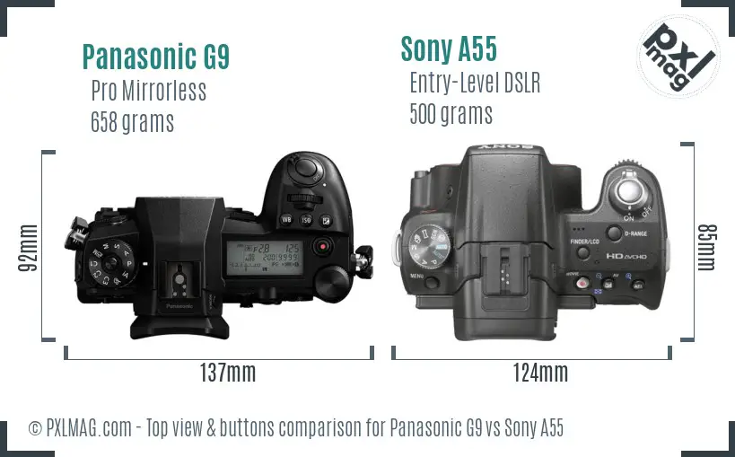 Panasonic G9 vs Sony A55 top view buttons comparison Panasonic G9 vs Sony A55 top view buttons comparison