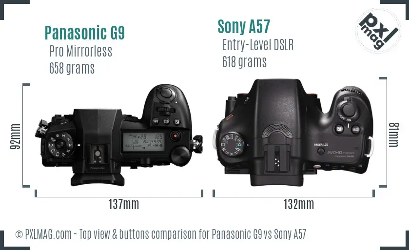 Panasonic G9 vs Sony A57 top view buttons comparison