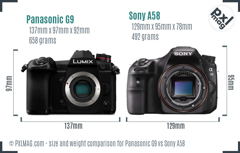 Panasonic G9 vs Sony A58 size comparison