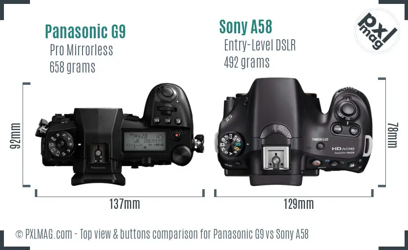 Panasonic G9 vs Sony A58 top view buttons comparison