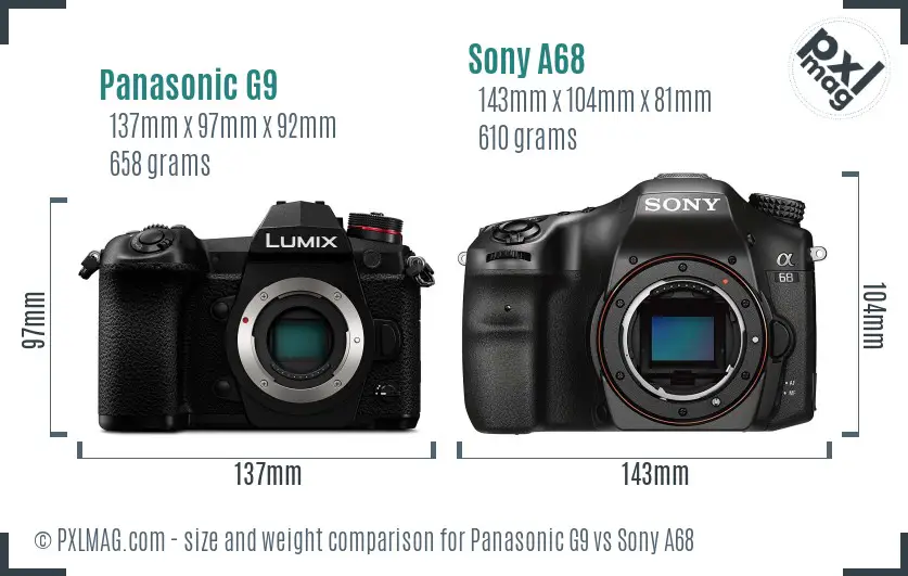 Panasonic G9 vs Sony A68 size comparison