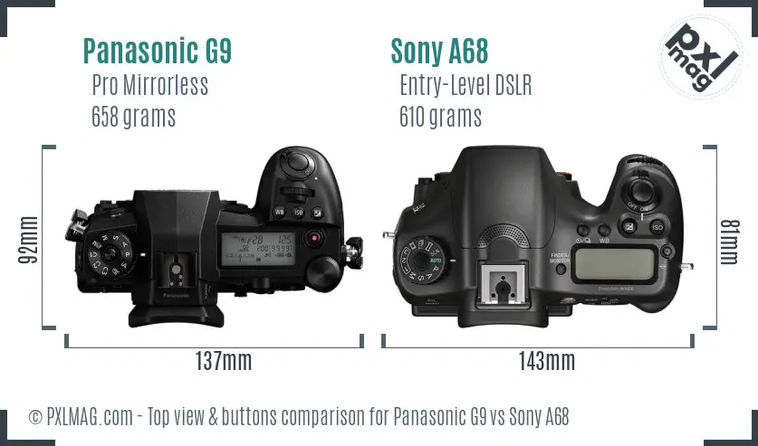 Panasonic G9 vs Sony A68 top view buttons comparison