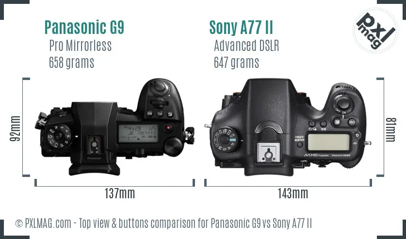 Panasonic G9 vs Sony A77 II top view buttons comparison