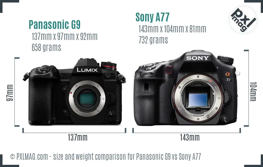 Panasonic G9 vs Sony A77 size comparison