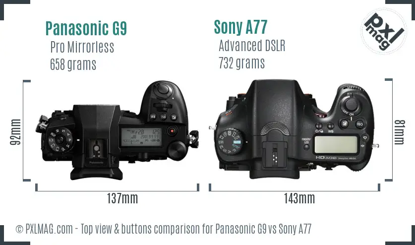 Panasonic G9 vs Sony A77 top view buttons comparison