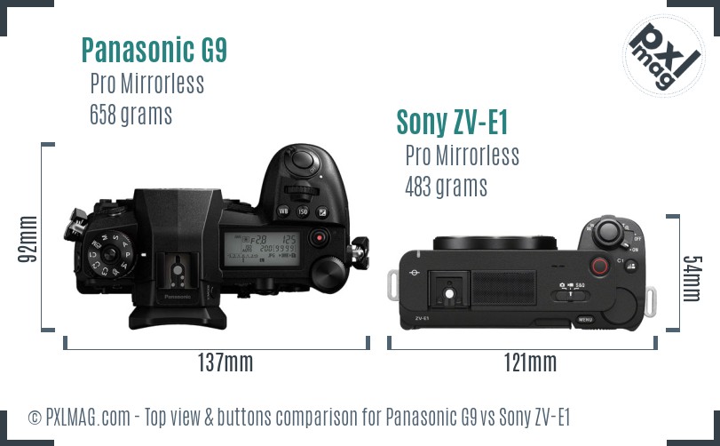 Panasonic G9 vs Sony ZV-E1 top view buttons comparison