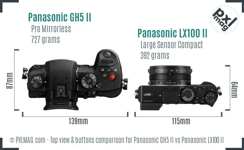 Panasonic GH5 II vs Panasonic LX100 II top view buttons comparison Panasonic GH5 II vs Panasonic LX100 II top view buttons comparison