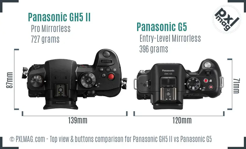 Panasonic GH5 II vs Panasonic G5 top view buttons comparison