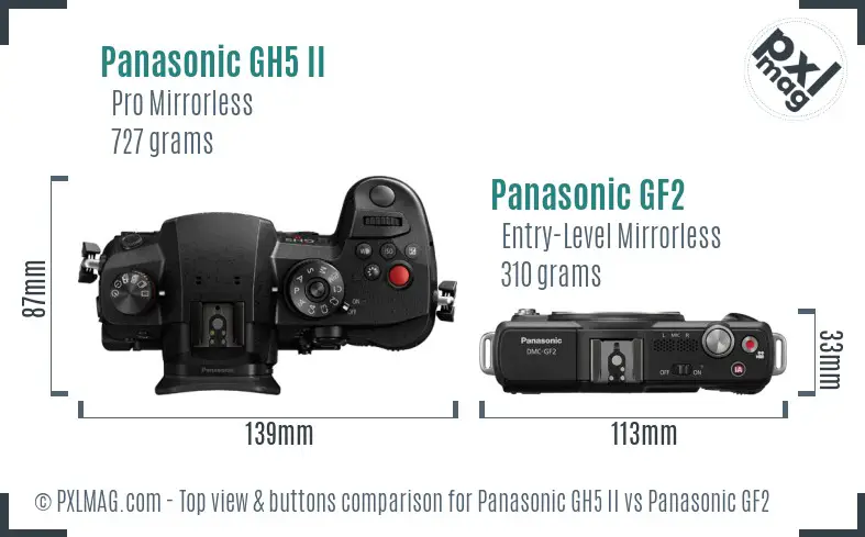 Panasonic GH5 II vs Panasonic GF2 top view buttons comparison Panasonic GH5 II vs Panasonic GF2 top view buttons comparison