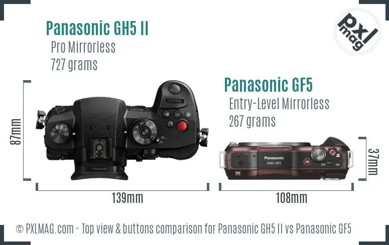 Panasonic GH5 II vs Panasonic GF5 top view buttons comparison
