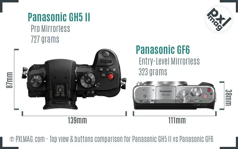 Panasonic GH5 II vs Panasonic GF6 top view buttons comparison Panasonic GH5 II vs Panasonic GF6 top view buttons comparison
