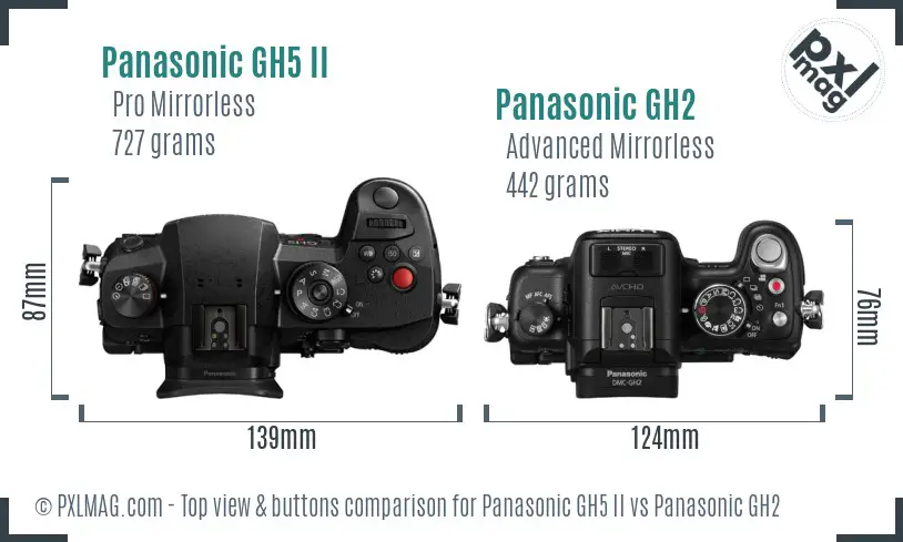 Panasonic GH5 II vs Panasonic GH2 top view buttons comparison