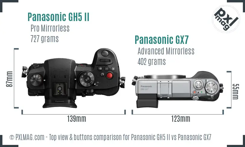 Panasonic GH5 II vs Panasonic GX7 top view buttons comparison Panasonic GH5 II vs Panasonic GX7 top view buttons comparison