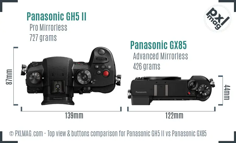 Top view design and control layout comparison of Panasonic GH5 II and Panasonic GX85