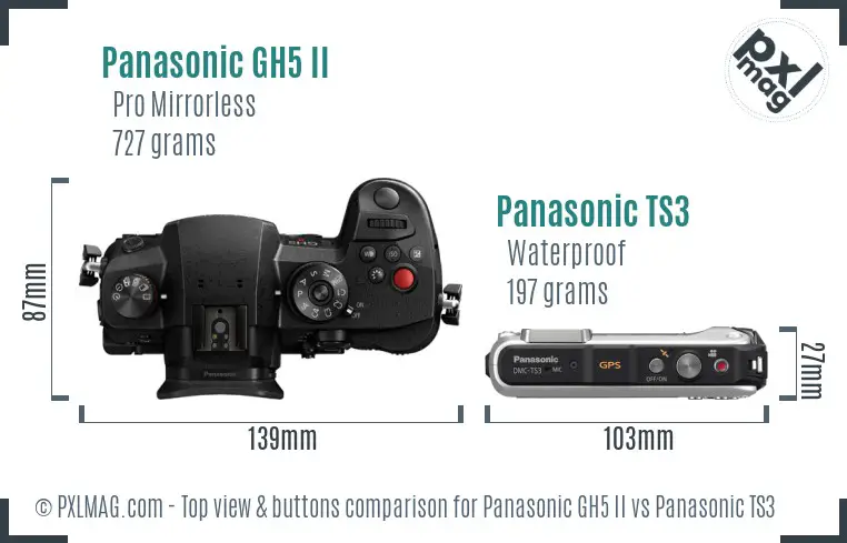 Panasonic GH5 II vs Panasonic TS3 top view buttons comparison Panasonic GH5 II vs Panasonic TS3 top view buttons comparison