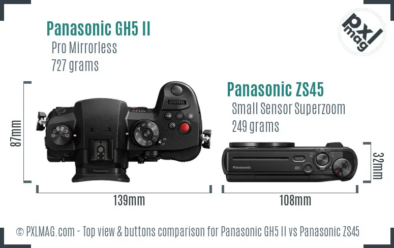 Panasonic GH5 II vs Panasonic ZS45 top view buttons comparison Panasonic GH5 II vs Panasonic ZS45 top view buttons comparison