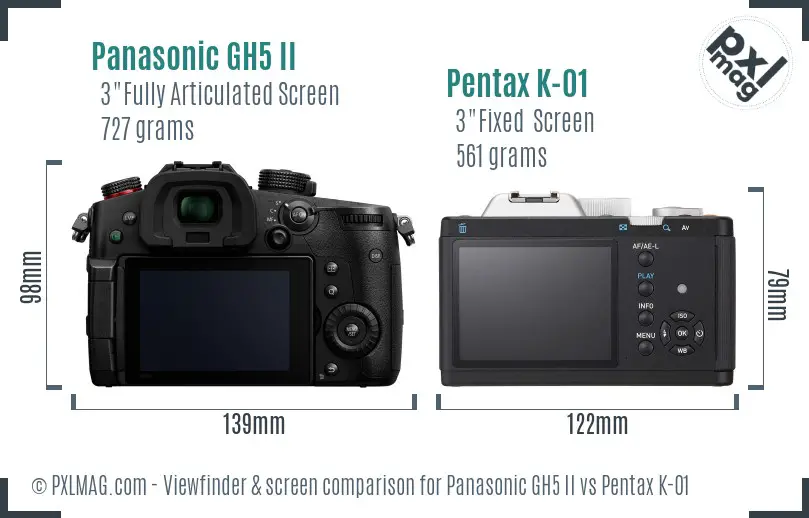 Panasonic GH5 II vs Pentax K-01 Screen and Viewfinder comparison