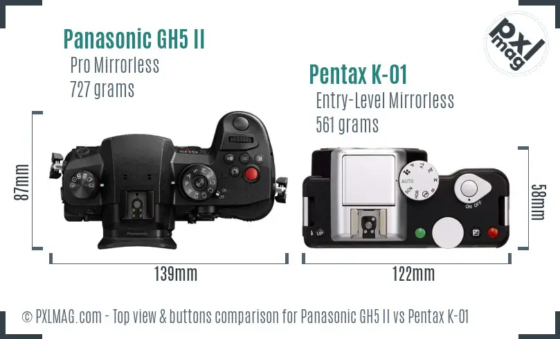 Panasonic GH5 II vs Pentax K-01 top view buttons comparison