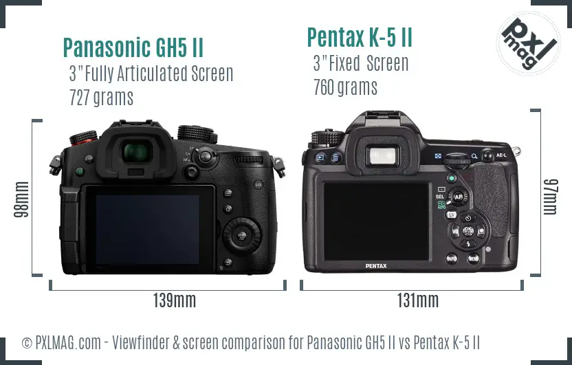 Panasonic GH5 II vs Pentax K-5 II Screen and Viewfinder comparison