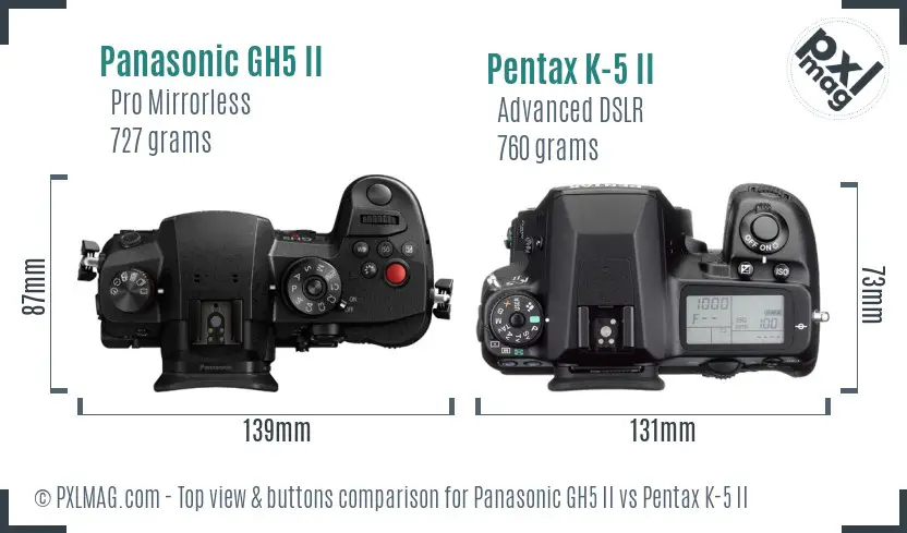 Panasonic GH5 II vs Pentax K-5 II top view buttons comparison