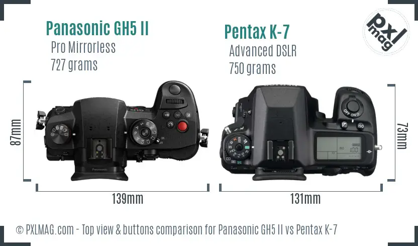 Panasonic GH5 II vs Pentax K-7 top view buttons comparison Panasonic GH5 II vs Pentax K-7 top view buttons comparison