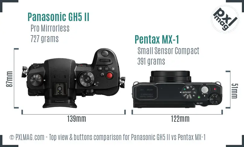 Panasonic GH5 II vs Pentax MX-1 top view buttons comparison