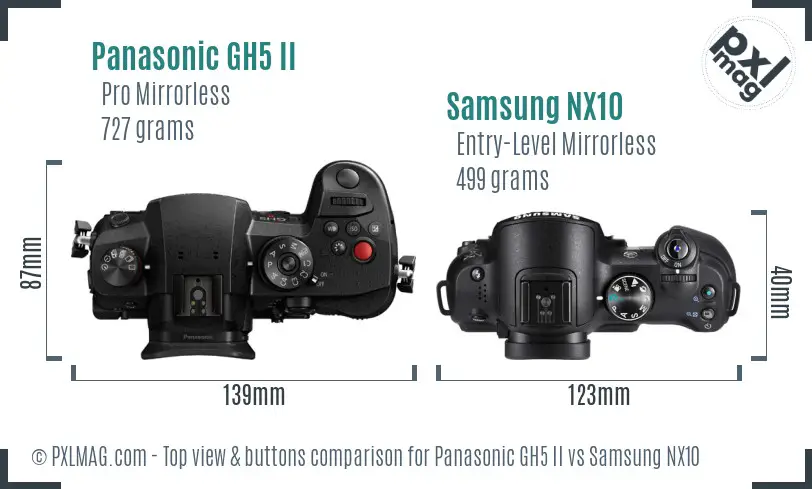 Panasonic GH5 II vs Samsung NX10 top view buttons comparison