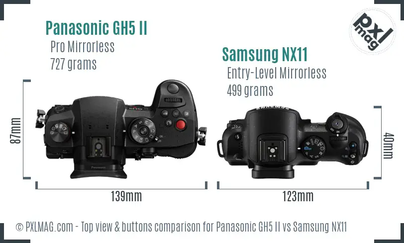 Panasonic GH5 II vs Samsung NX11 top view buttons comparison