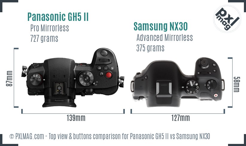 Panasonic GH5 II vs Samsung NX30 top view buttons comparison