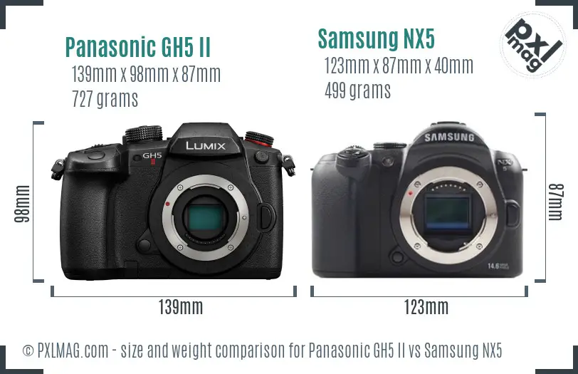 Panasonic GH5 II vs Samsung NX5 size comparison Panasonic GH5 II vs Samsung NX5 size comparison