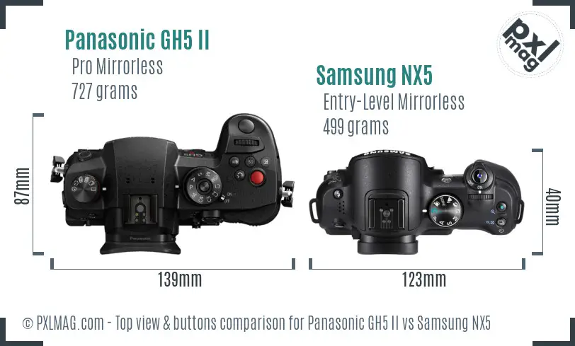 Panasonic GH5 II vs Samsung NX5 top view buttons comparison