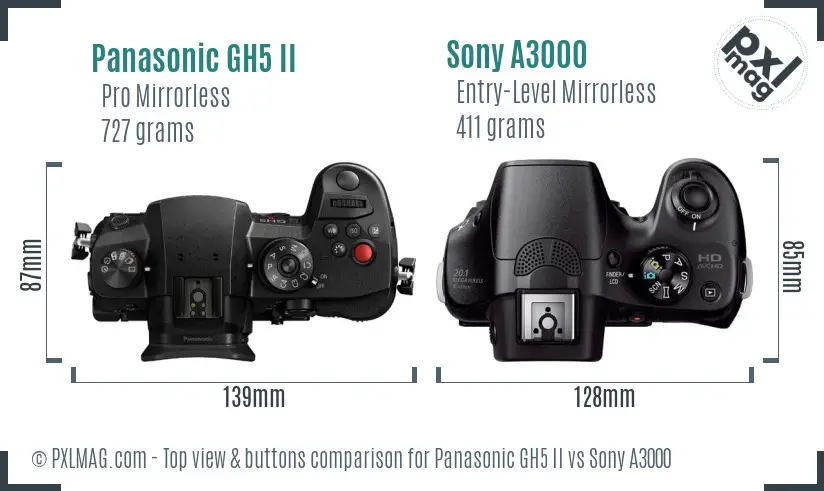Panasonic GH5 II vs Sony A3000 top view buttons comparison Panasonic GH5 II vs Sony A3000 top view buttons comparison