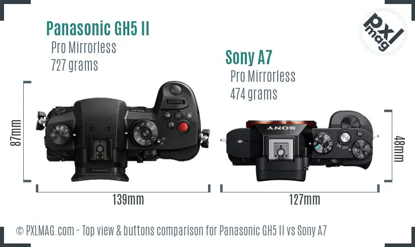 Panasonic GH5 II vs Sony A7 top view buttons comparison Panasonic GH5 II vs Sony A7 top view buttons comparison