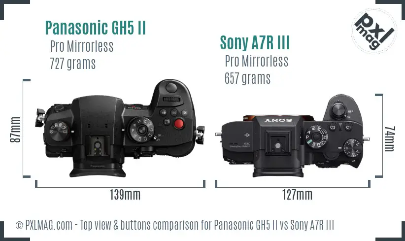 Panasonic GH5 II vs Sony A7R III top view buttons comparison Panasonic GH5 II vs Sony A7R III top view buttons comparison
