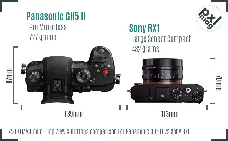 Panasonic GH5 II vs Sony RX1 top view buttons comparison Panasonic GH5 II vs Sony RX1 top view buttons comparison